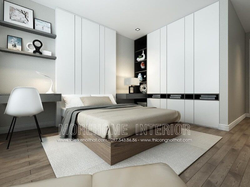 Giường ngủ gỗ bệt được thiết kế vuông vức thể hiện sự vững chãi, chắc chắn. KTS cũng lựa chọn kết hợp với chất liệu gỗ công nghiệp Veneer cao cấp nổi bật với đường vân gỗ ấn tượng đã mang lại vẻ đẹp tự nhiên cũng như là sự thoải mái nhất cho người sử dụng